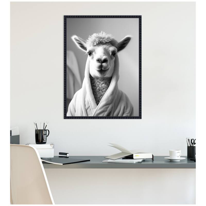 Kate and Laurel Sylvie Llama Bathroom Art Towel Robe Black and White Framed Canvas by The Creative Bunch Studio