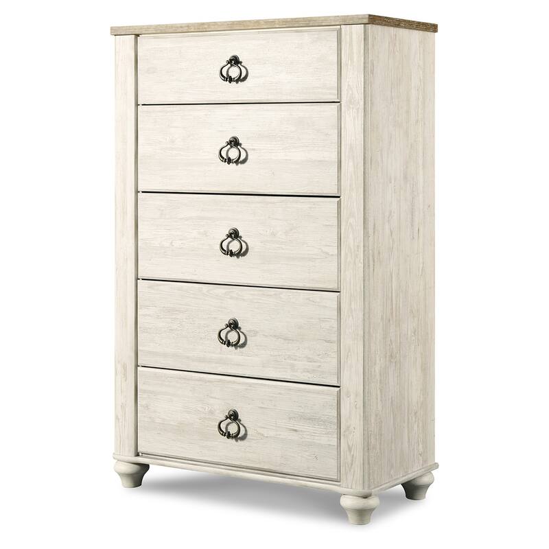 Isla Tall Dresser Chest, 5 Drawer, Brown Wood Finish, Rustic Whitewash