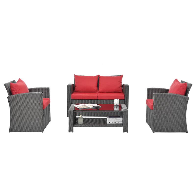 4 PCS Dark Grey Patio Furniture Set with PE Wicker Sofa, Loveseat Set, Chairs, and Tempered Glass Table