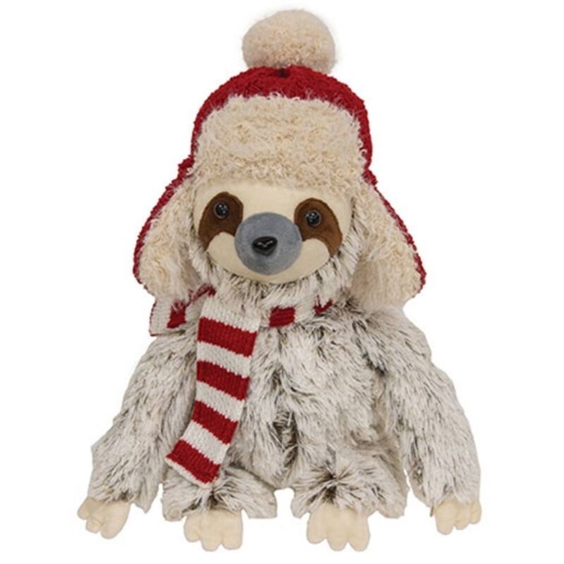 Fuzzy Sloth with Trapper Hat 15 Inch Christmas Decoration - 10” x 6” x 15.75” - White-Red