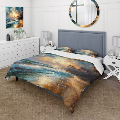 Designart "Green And Blue Coastal Escapes" Green Traditional - Bedding Cover Set With Shams