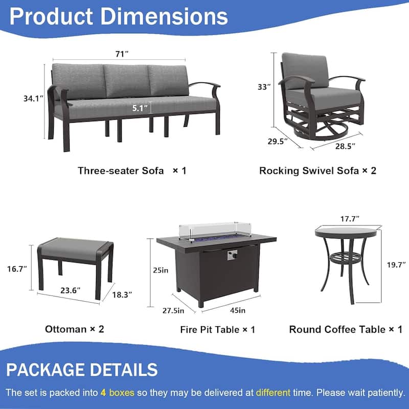 Aluminum Patio Furniture Set with Fire Pit, Ottomans & Rocking-Swivel Chairs, Modular Sofa with Thick Cushions