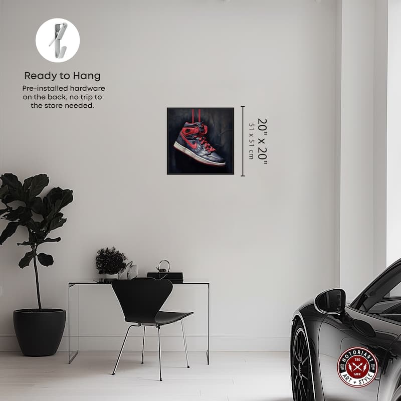 Notoriart Black And Red Hanging Sneaker Framed Sneaker 1 Piece Canvas Wall Art