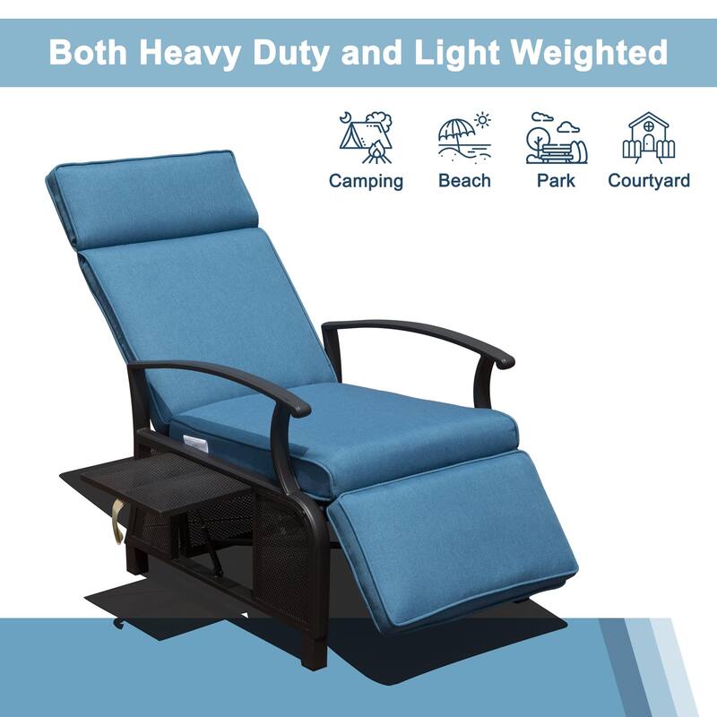 Adjustable Patio Metal Outdoor Lounge Chair with Flip Table Push Back