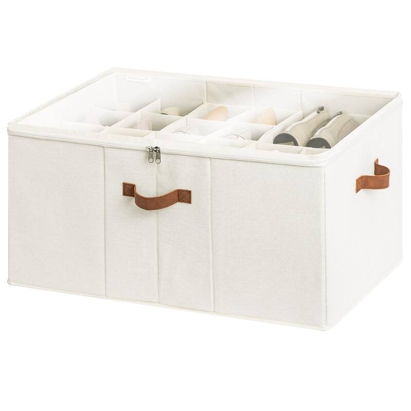 Shoe Organizer,Adjustable Dividers & Clear Cover - Beige - Large