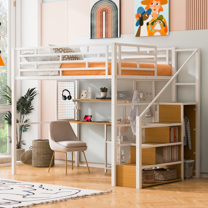 Full Size White Metal Loft Bed with Built-in Wardrobe, Desk & Storage Shelves