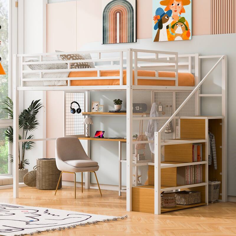 Roomfitters Full Size Metal Loft Bed with Wardrobe, Desk and Open Storage Shelf Unit, White
