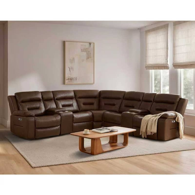 109" Power Reclining Sectional Couch, Modular Livingroom Recliner Sofa with 2 Storage Console & 4 Cup Holders - Dark Brown