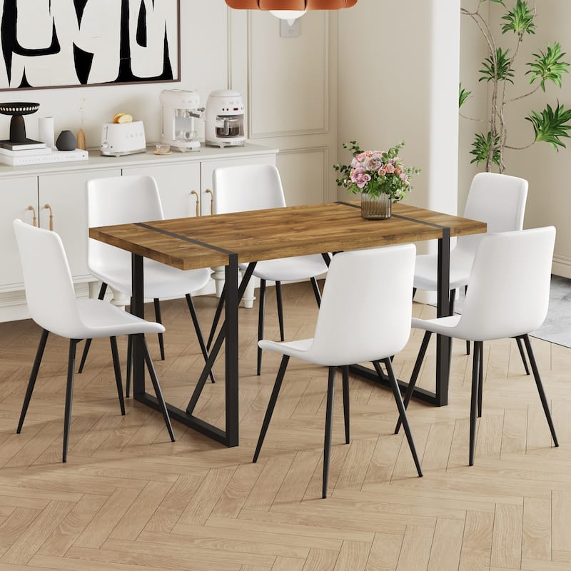 Wood Dining Table Set for 6, 7 Piece Rectangular Dining Table Set with 6 White Faux Leather Dining Chairs for Kitchen