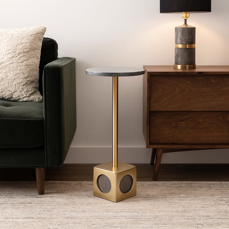 Marble Metal Side Table Round Top Narrow Geometric Base - 24" Grey - 24.0"