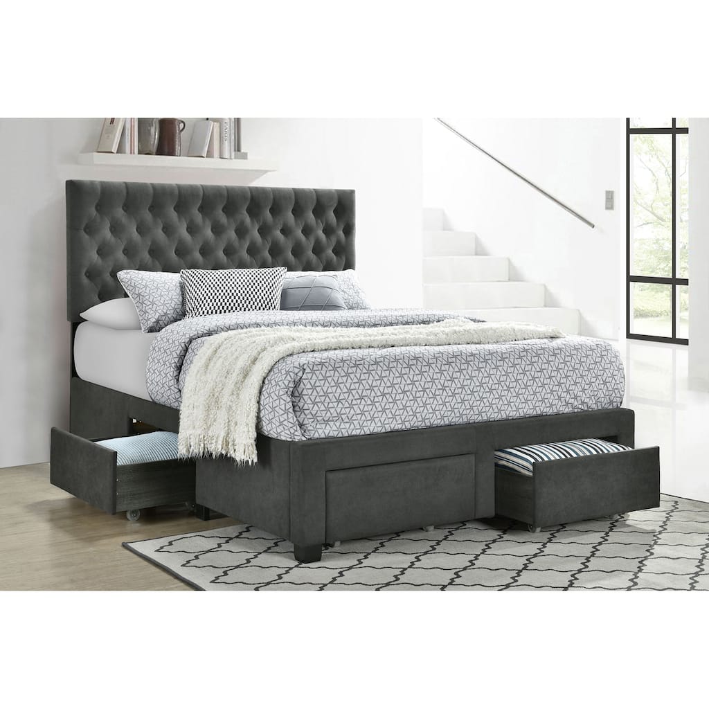 Grey Upholstered Full Storage Panel Bed with Button-Tufted Headboard