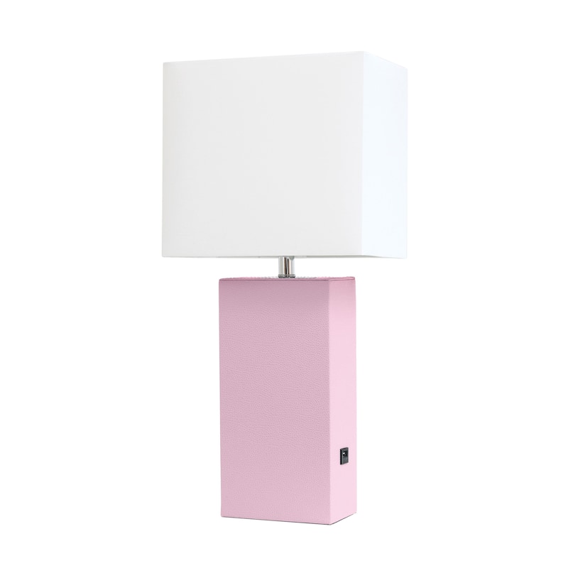 Modern Leather Table Lamp with USB and White Fabric Shade