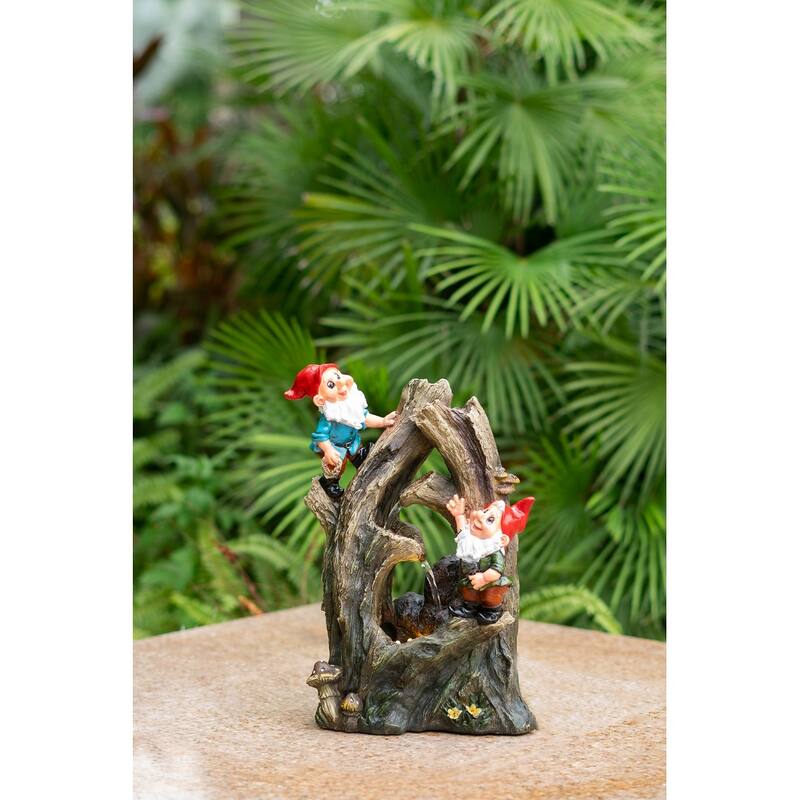 8.3x4.7x13.8" Decorative Woodland Gnome Water Fountain with LED Light, Brown