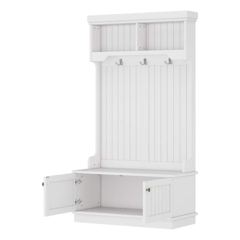 GDFStudio - Cherry Hall Tree with Shoe Bench, Coat Hooks and Display Shelves - 4-in-1 Entryway Organizer