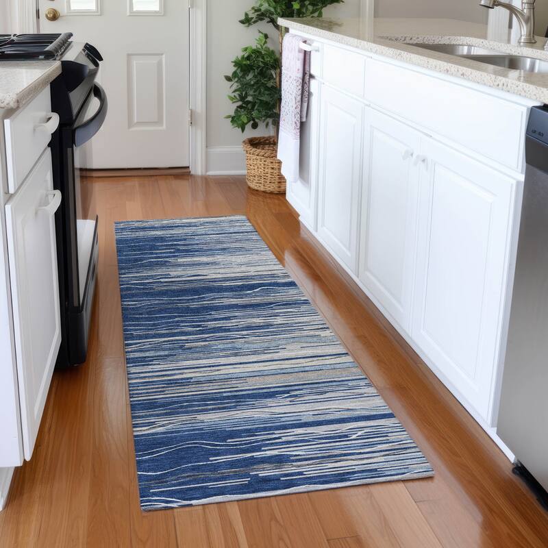 Machine Washable Indoor/ Outdoor Modern Stripe Chantille Rug - Navy - 2'3" x 7'6"