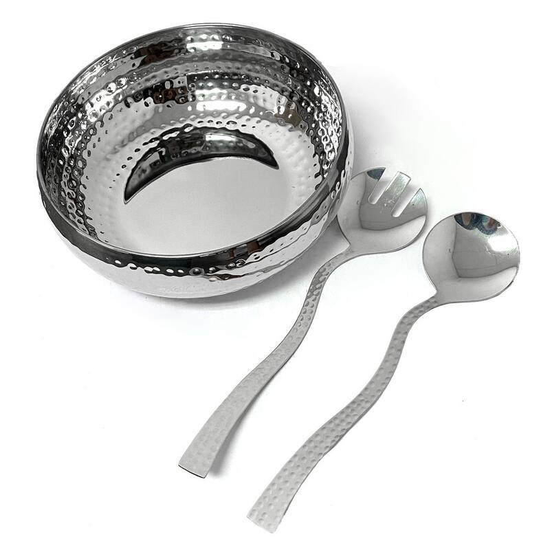 Sol Living Stainless Steel Salad Serving Bowl with Server Utensils, 3 Piece Set