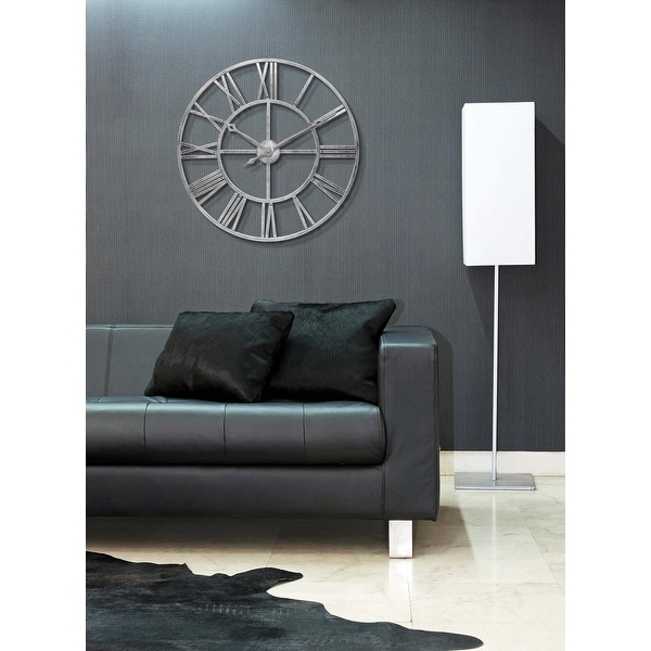 Weathered Silver Tower 30 inch Indoor/Outdoor Decorative Roman Numeral Wall Clock. Opens flyout.