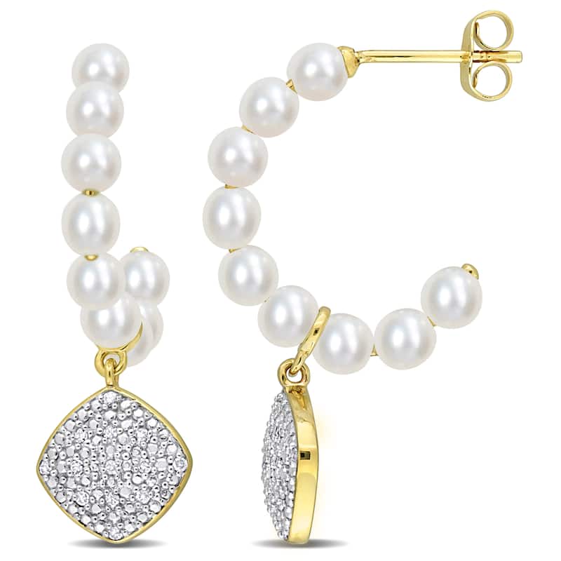 Miadora 3.5-4mm Cultured Freshwater Pearl 1/10ct TDW Diamond Earrings 10k Yellow Gold
