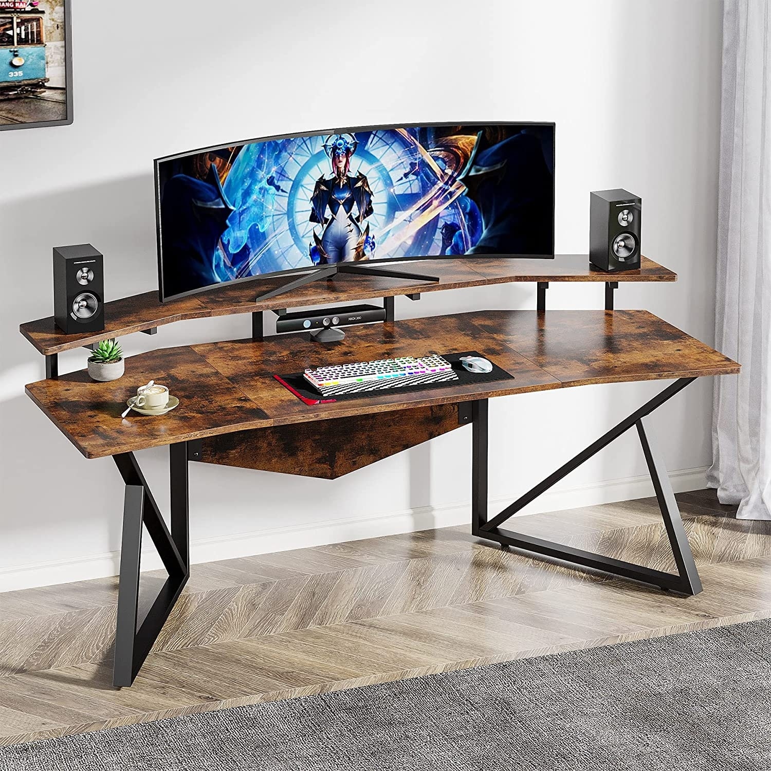 BYBLIGHT Havrvin 57 in. L Shaped Brown Wood Gaming Desk with Led Lights and  Power Outlet, Corner Computer Desk Gaming Table Gamer BB-C0768XF - The Home  Depot
