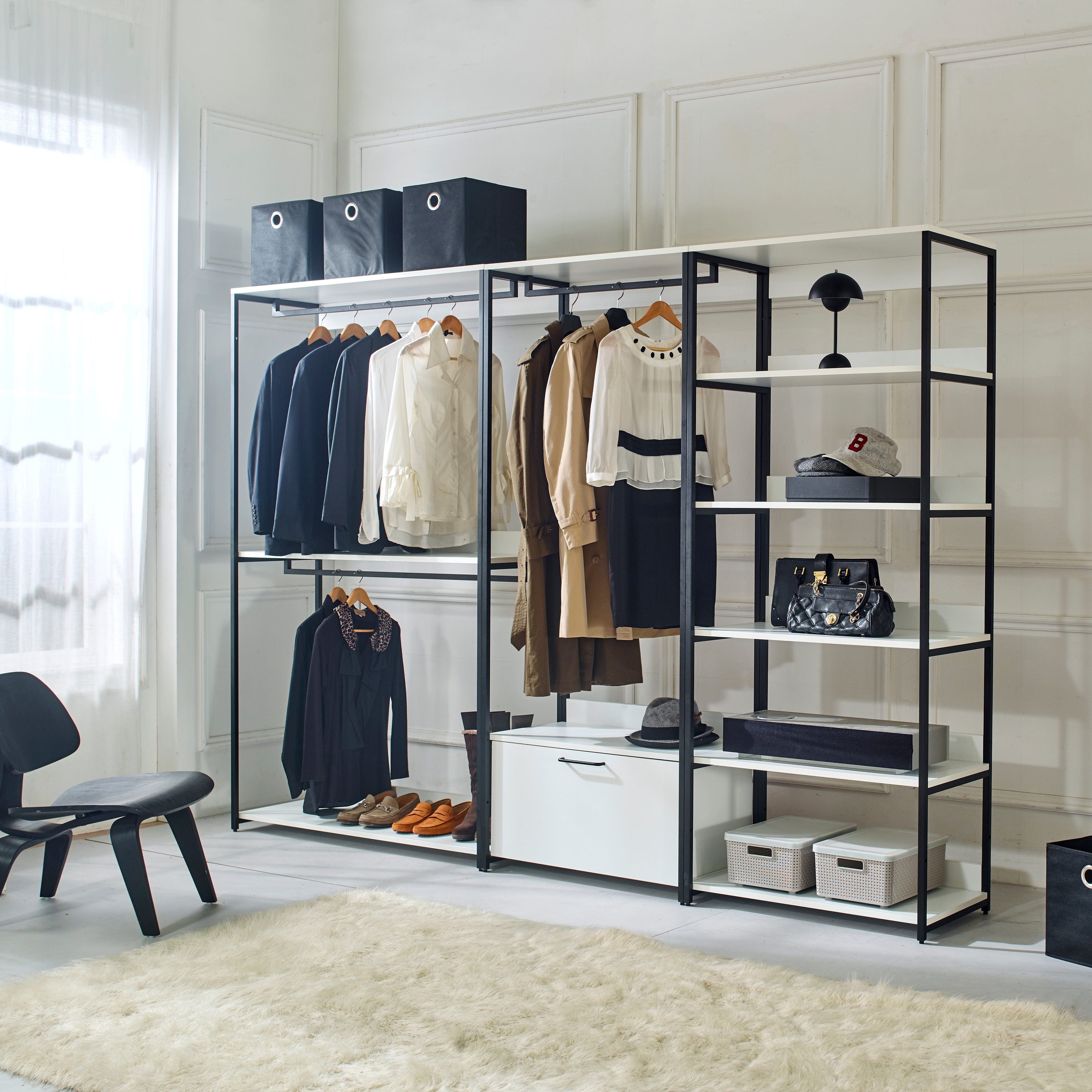 https://ak1.ostkcdn.com/images/products/is/images/direct/c4f2f9d60d8dfa95274a9cd995ce16753867db46/Garment-Rack-White-Freestanding-Walk-in-Wood-Closet-System-with-Metal-Frame%2C-1-Drawer-5-Compartments%2C-Bedroom-Clothing-Armoires.jpg