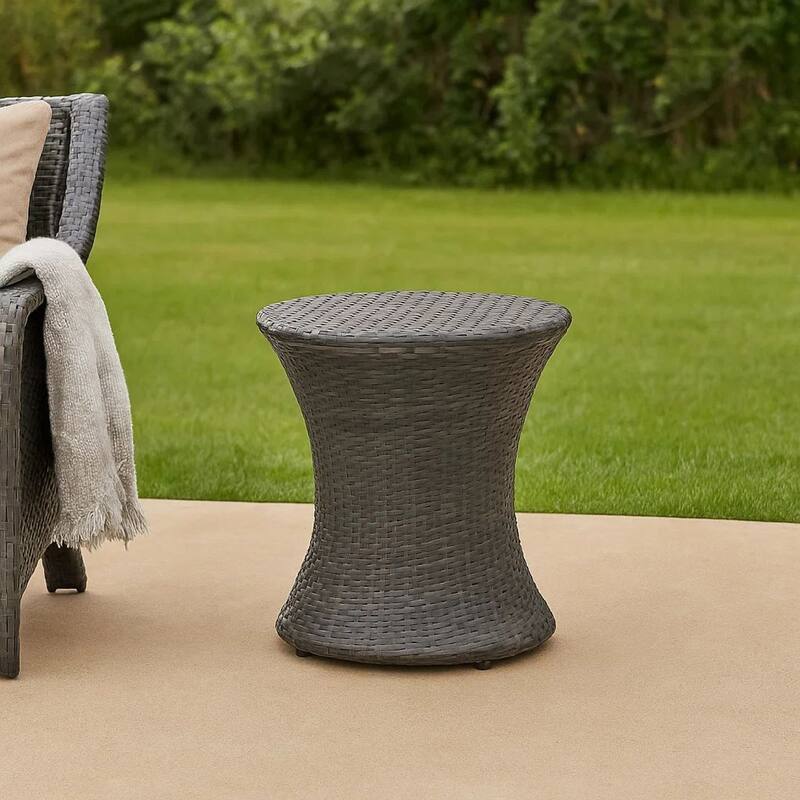 Loco Outdoor Side Table, Hourglass Shape, Round 20 Inch, Gray Rattan