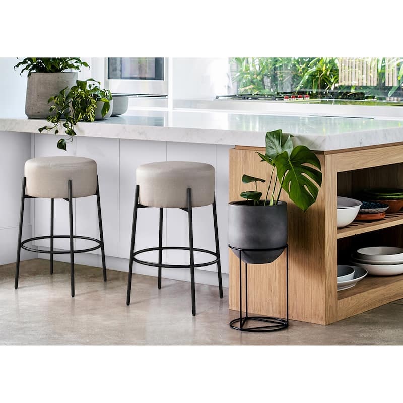 LuXeo Danica Bar Stool Black Steel Legs with Upholstered Seat (Set of 2) - Beige Seat - Bar Height - 29-32 in.