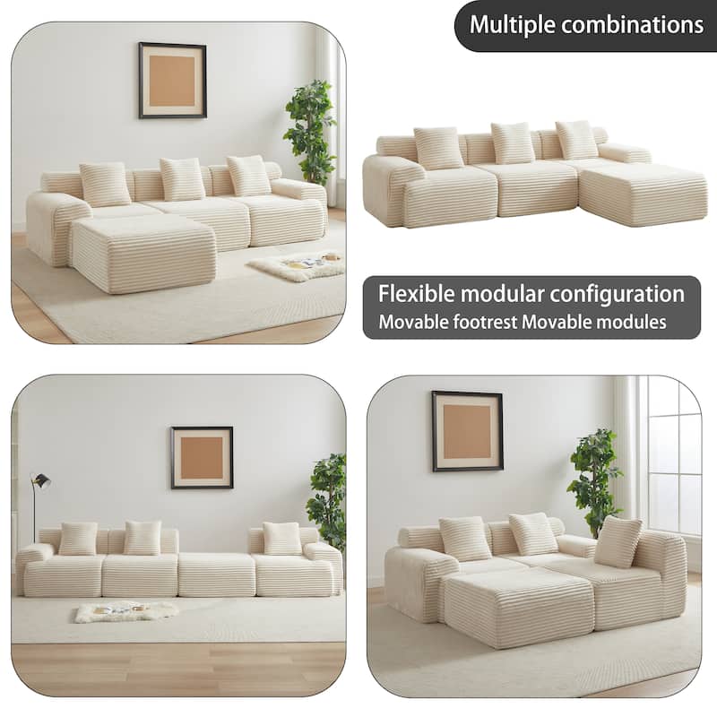 Inlaid Structural Sleeper Sectional Sofa Bed with Ottoman, Corduroy Modular Boneless Couch with Wider Armrests and Backrests
