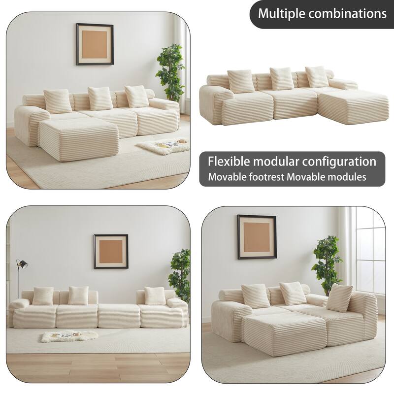 L-Shaped Modular Sectional Sofa with Ottoman, Corduroy Upholstered Boneless Couch, Deep Seat Sofa with Throw Pillows