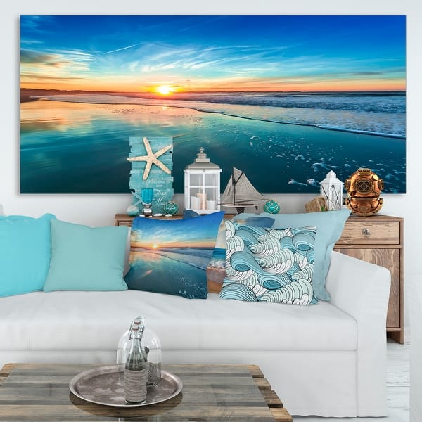 40x20 Blue Design Art PT10531-40-20 Distant Sunset-Seashore Canvas Wall Art-40X20 40x20 Blue Design Art PT10531-40-20 Distant Sunset-Seashore Canvas Wall Art-40X20