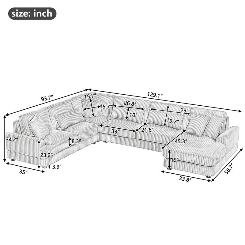 Oversized U-Shaped Sectional Sofa with Chaise, 4 Square and 3 Lumbar Pillows for Living Room