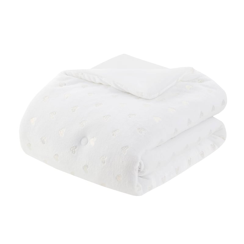 3 PCS Twin/Twin XL Metallic Printed Plush Comforter Set with Throw Pillow White/Gold