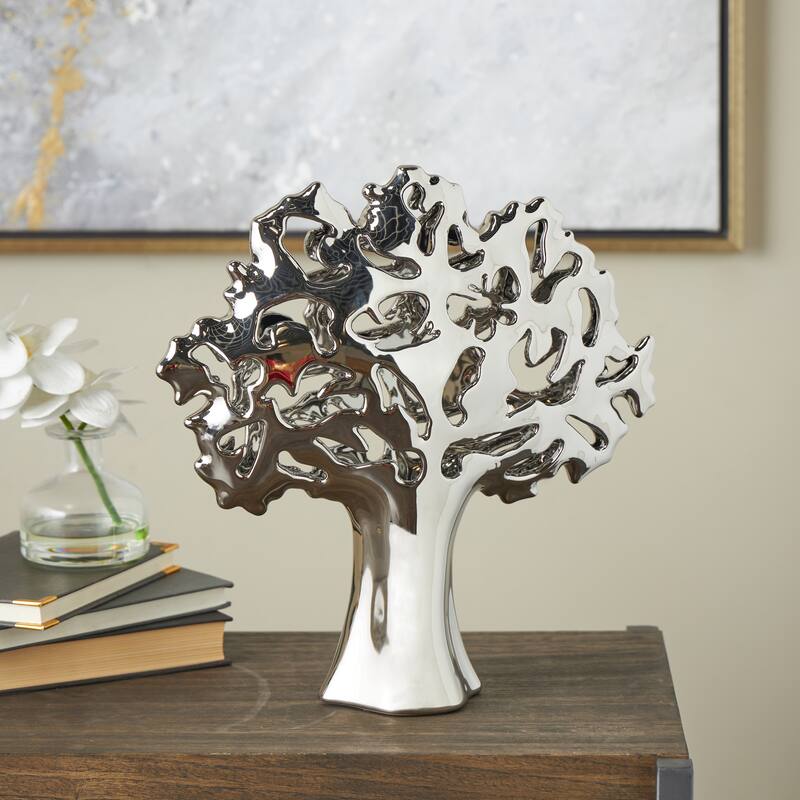 Silver or Gold Ceramic Glossy Tree Decorative Sculpture with Abstract Cutouts - Silver
