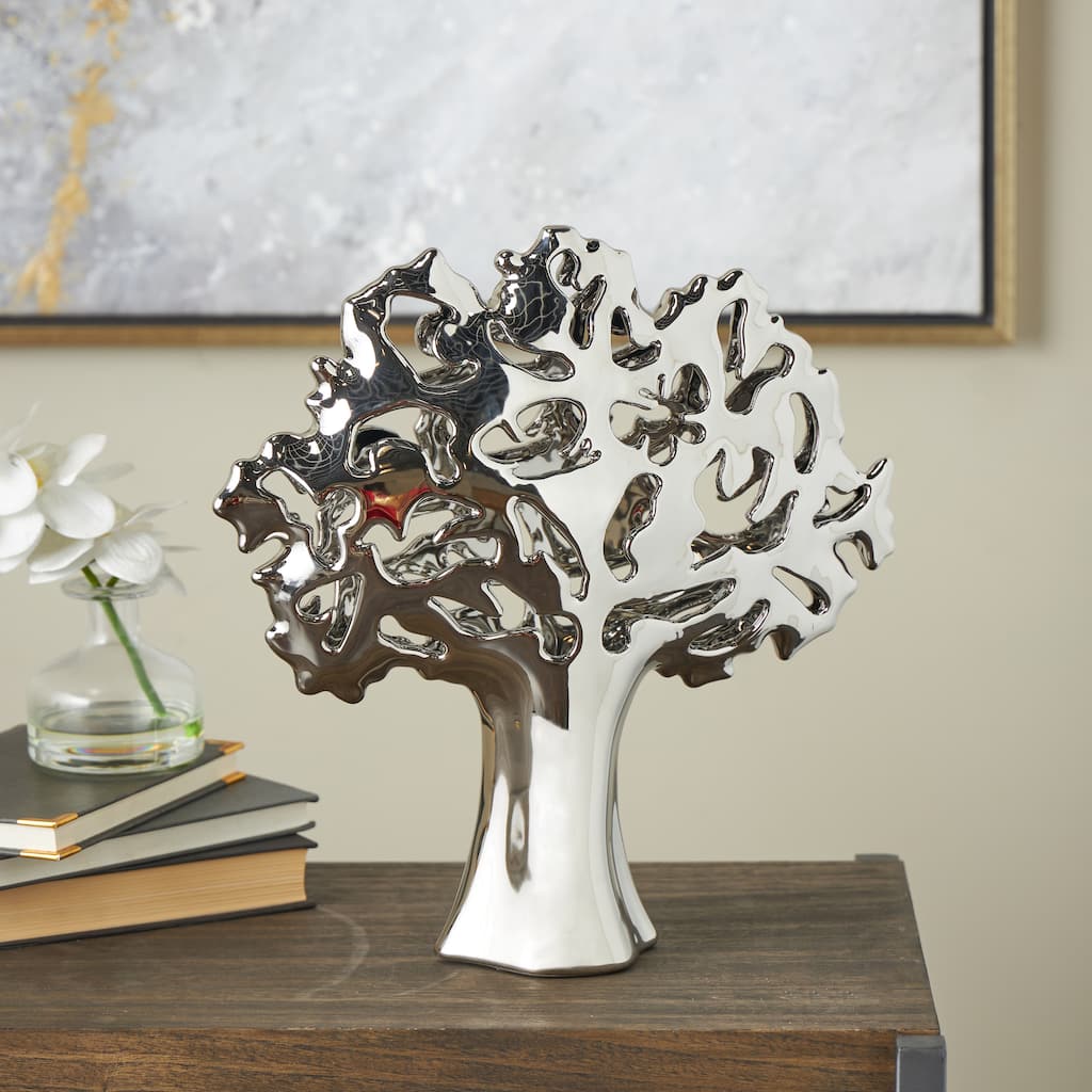 Silver or Gold Ceramic Glossy Tree Decorative Sculpture with Abstract Cutouts