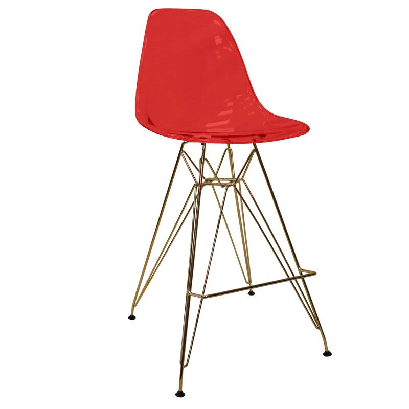 Cresco Modern Ergonomic Acrylic Gold Finish Steel Frame Barstool with Footrest, Sleek Design for Kitchen or Home Bar Seating - Transparent Red