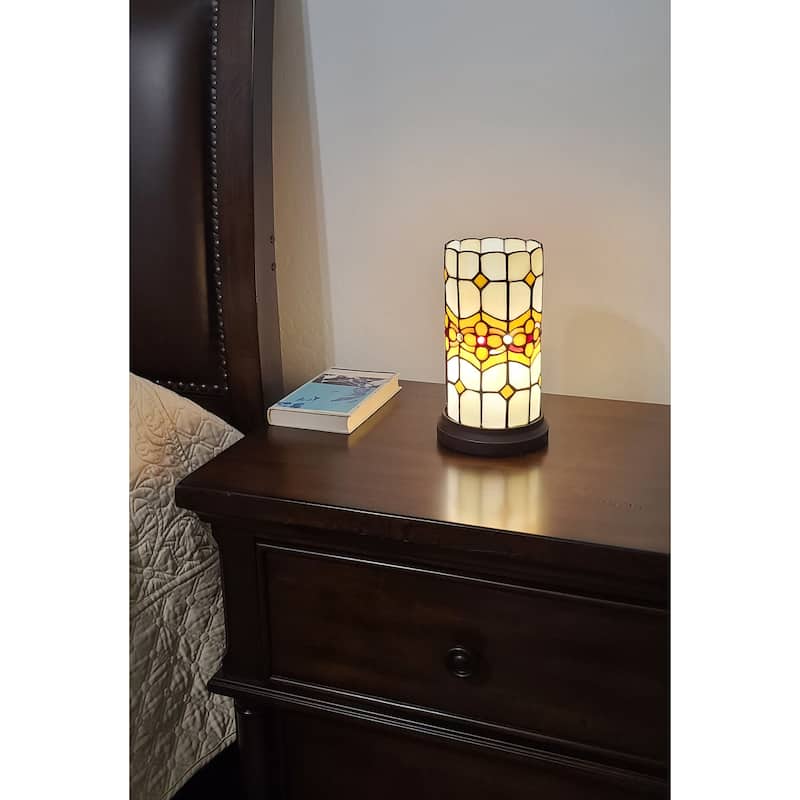 Tiffany Style Accent Lamp 10" Tall Stained Glass White Floral Nightstand Bedside Bedroom Gift AM088ACCB Amora Lighting