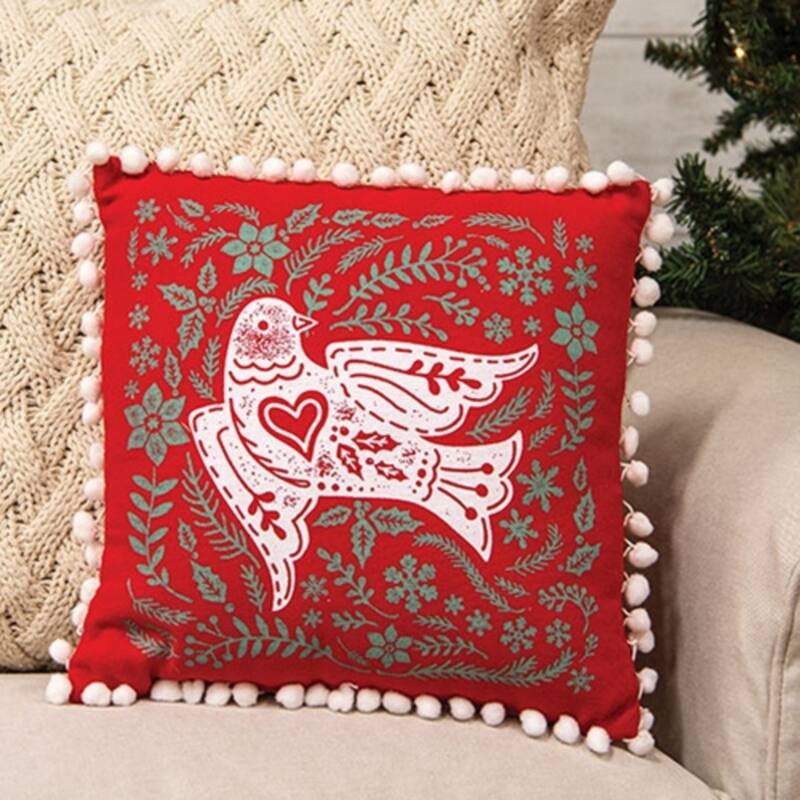 Red White Green Cotton Holiday Dove Pillow 12in Pom-Pom Trim Decor