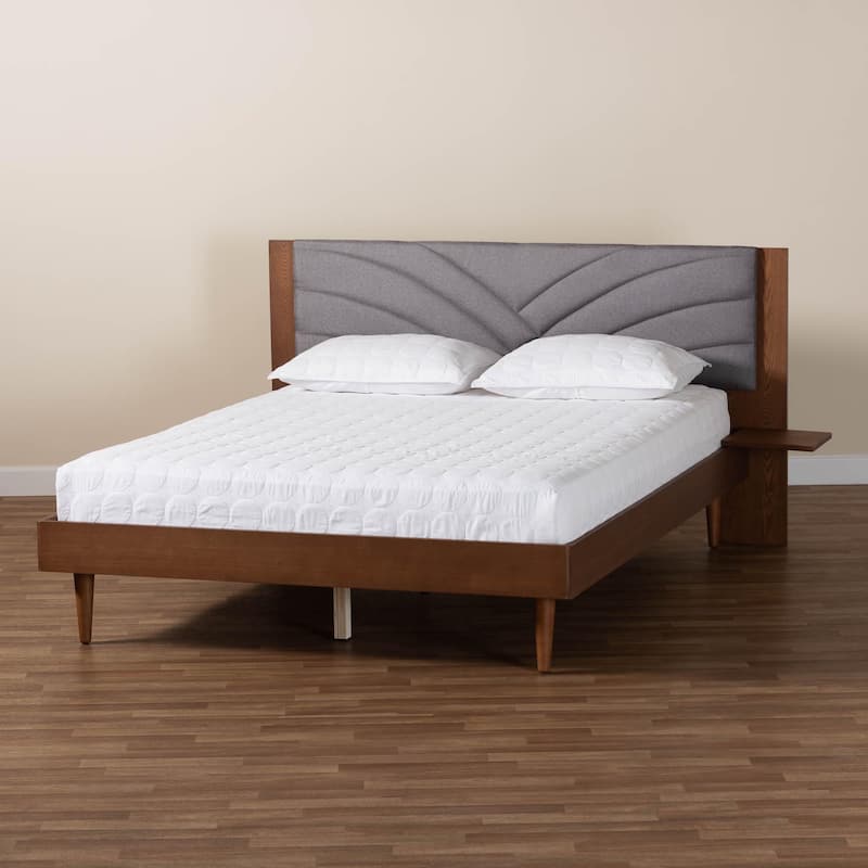 Hemera Mid-Century Modern Grey Fabric and Walnut Brown Wood Queen Size Platform Bed With Floating Side Table