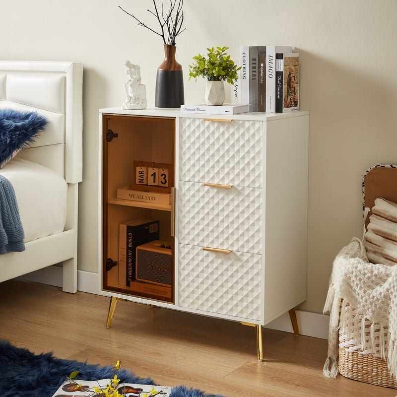 Modern Glass & Aluminum Dresser – 3 Drawers, Adjustable Feet‌ - White