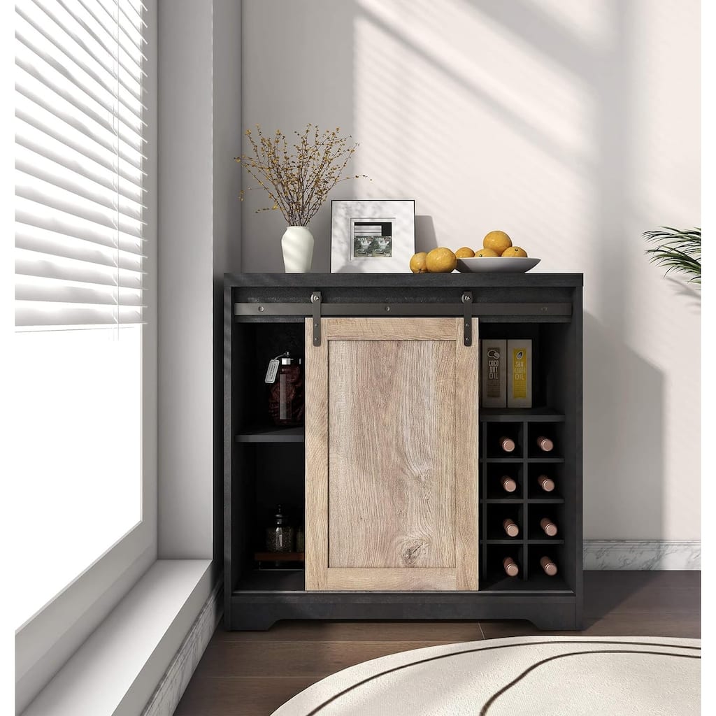 Coffee Bar Cabinet with Sliding Barn Door, Industrial Buffet Cabinet with Wine Storage