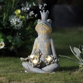 Grey MgO Meditating King Frog Statue with Solar Lights
