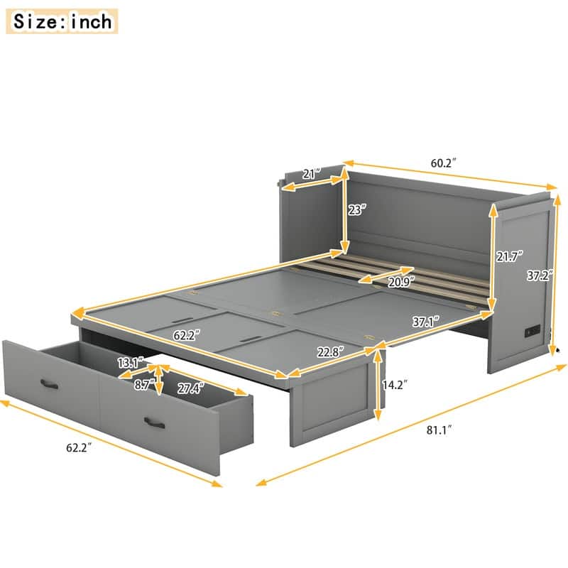 Murphy Bed with USB Port and a Large Drawer,Queen/Full Size