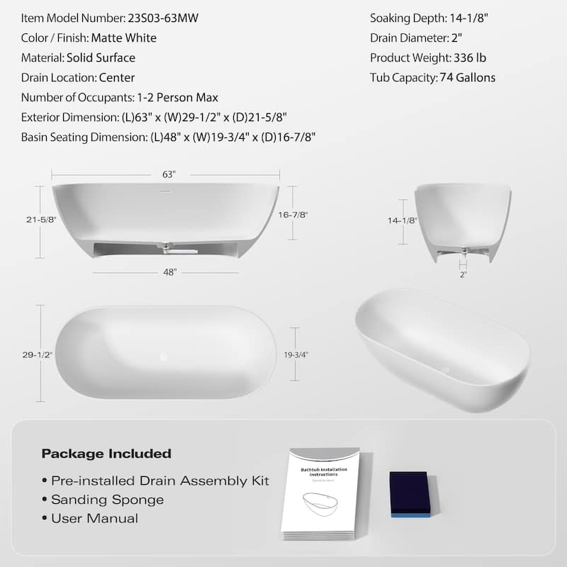 63 in. Solid Surface Freestanding Flatbottom Soaking Bathtub