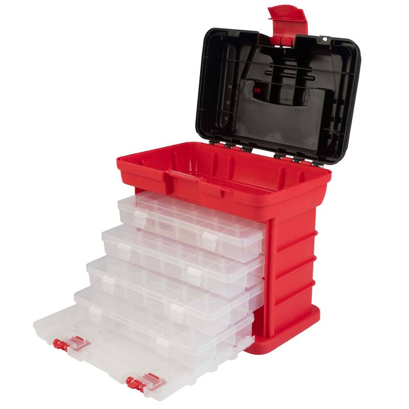 Portable Tool Box - Small Parts Organizer with Drawers and Customizable Compartments for Hardware, or Crafts by Stalwart - Red