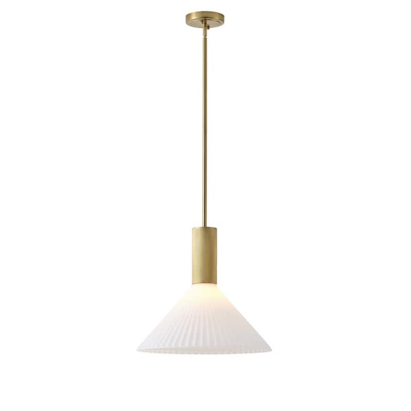 Brass Pendant Light White Jade Acid Washed Glass Adjustable Rod Modern Large Cone