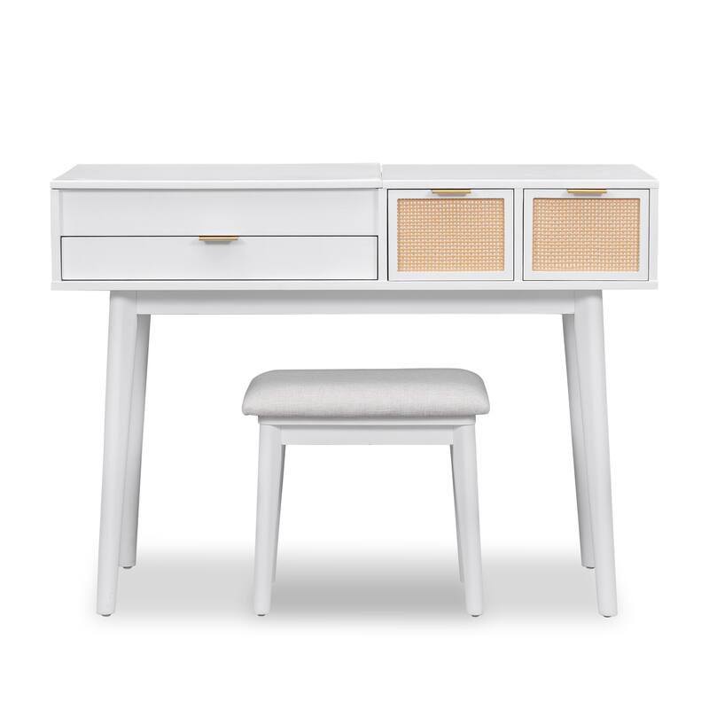Wooden Makeup Vanity Set with Flip-top Square Mirror, Dressing Table and PU-upholstered Stool Set for Bedroom, White