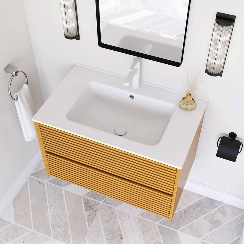 Wall-Mounted Bathroom Vanity with White Ceramic Sink