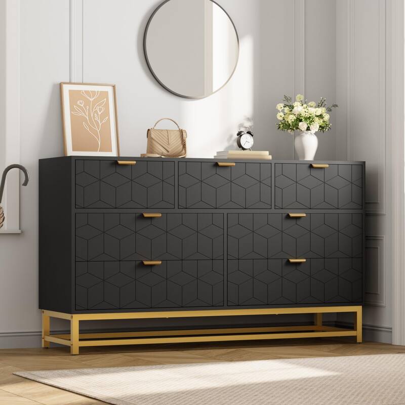 53.5" Wide 7-Drawer Dresser with Gold Metal Handles & Legs, Modern Storage Organizer for Bedroom or Hallway - Black