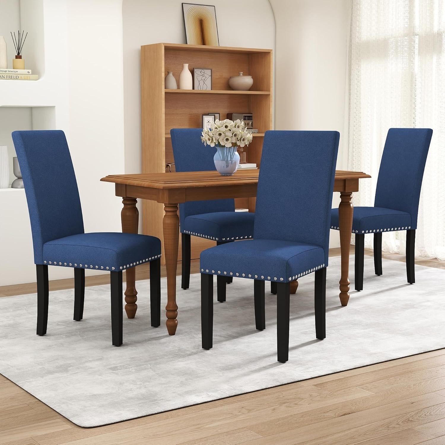 Set of 4 Fabric Upholstered Dining Chairs with Nailhead Trim and Solid Wood Legs, Blue
