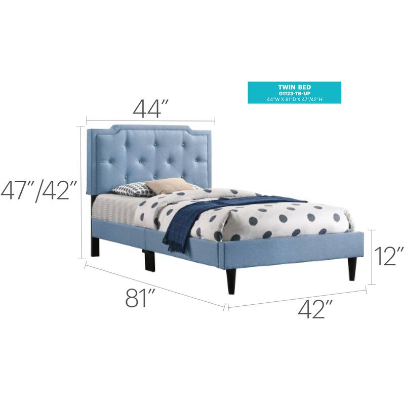 Twin Bed Frame Blue Farmhouse Style, Tufted Headboard & Footboard, Adjustable, 42x81x47 Inch