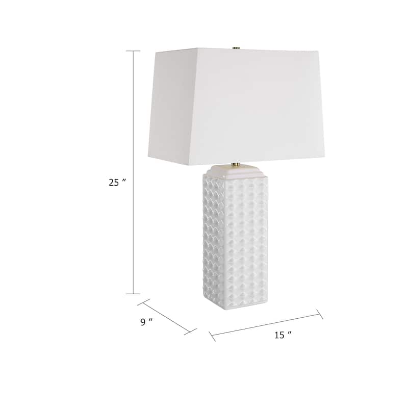 Table Lamp, Linen Shade, 3D Diamond Knob Gloss White Ceramic, 25 Inch